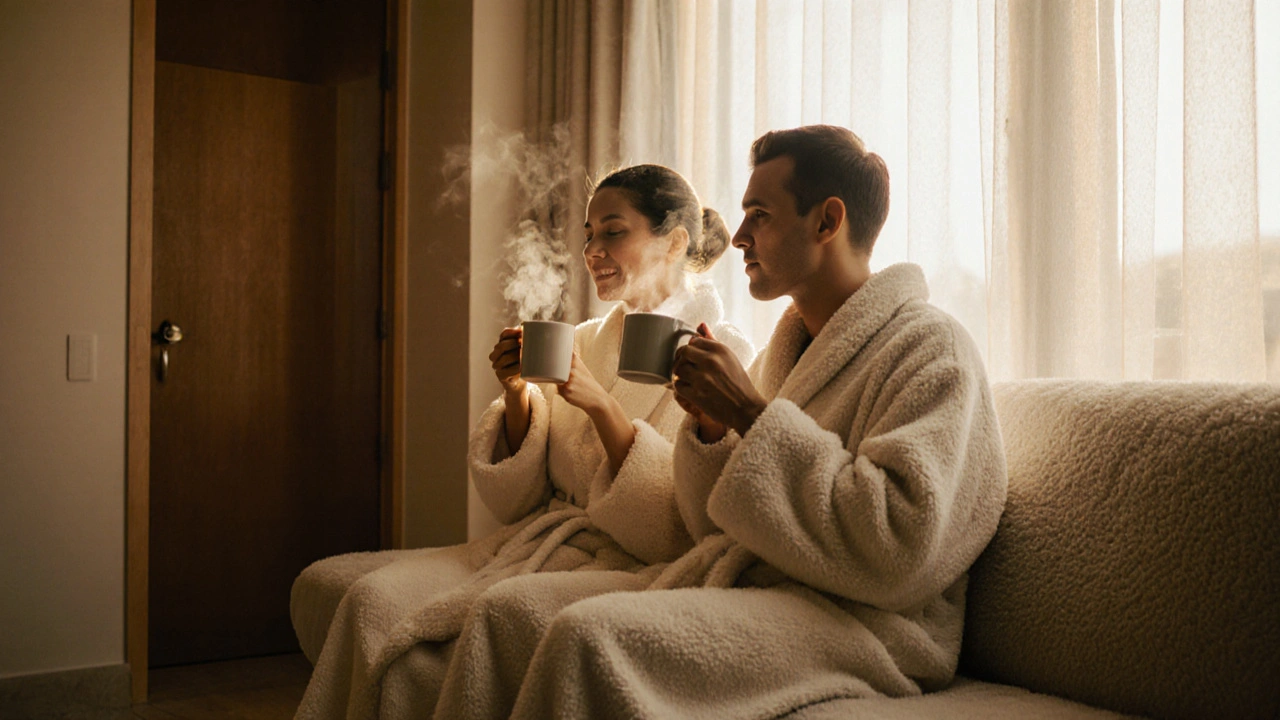 A couple relaxing after massage, wrapped in robes, sipping tea together in quiet sunlight.