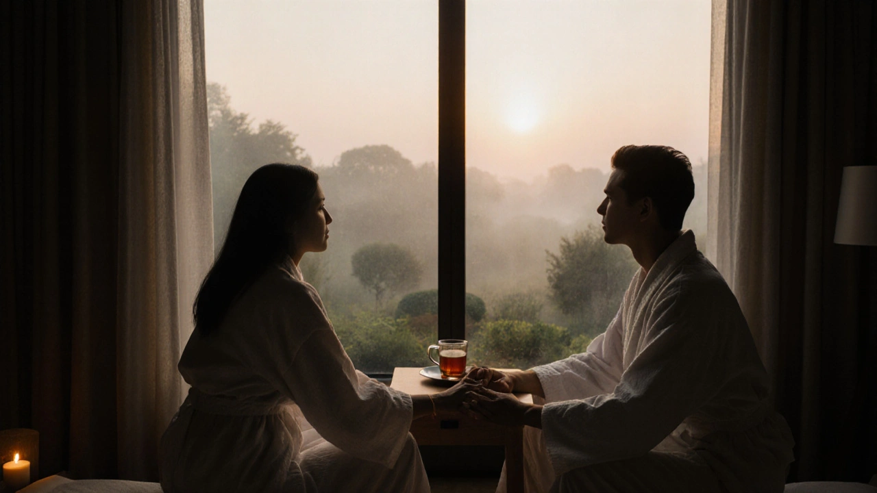 A couple sits together in robes after a massage, holding hands and gazing out a window at dawn.