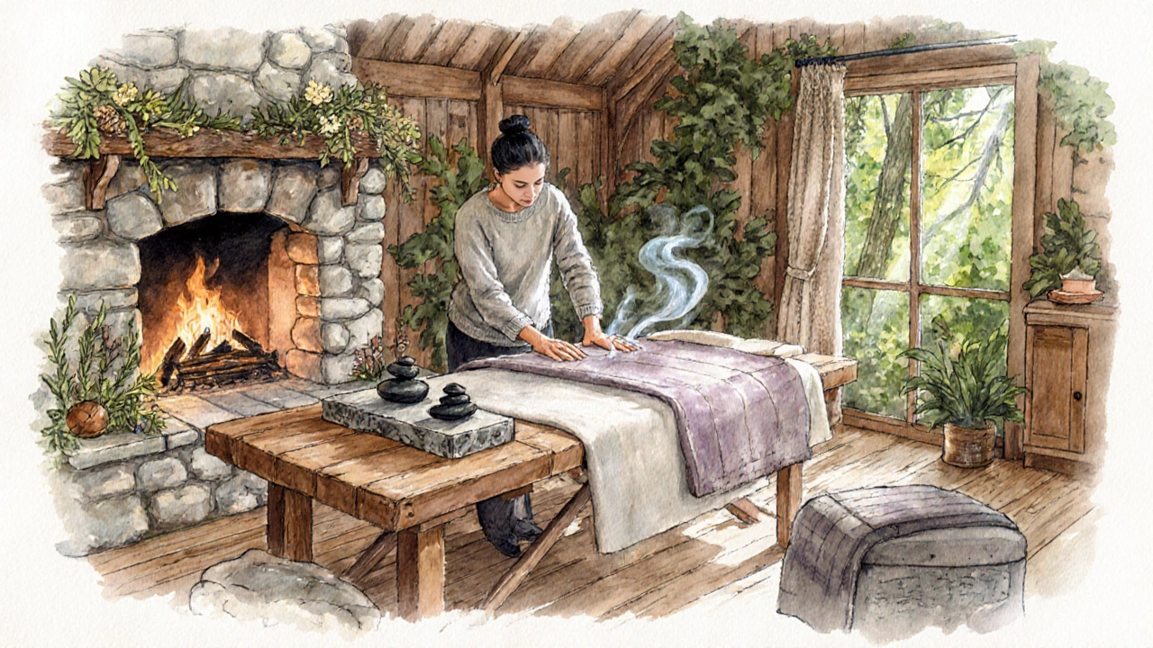 A cozy forest-themed spa room with wooden table, river stones, and fireplace, surrounded by natural botanicals.