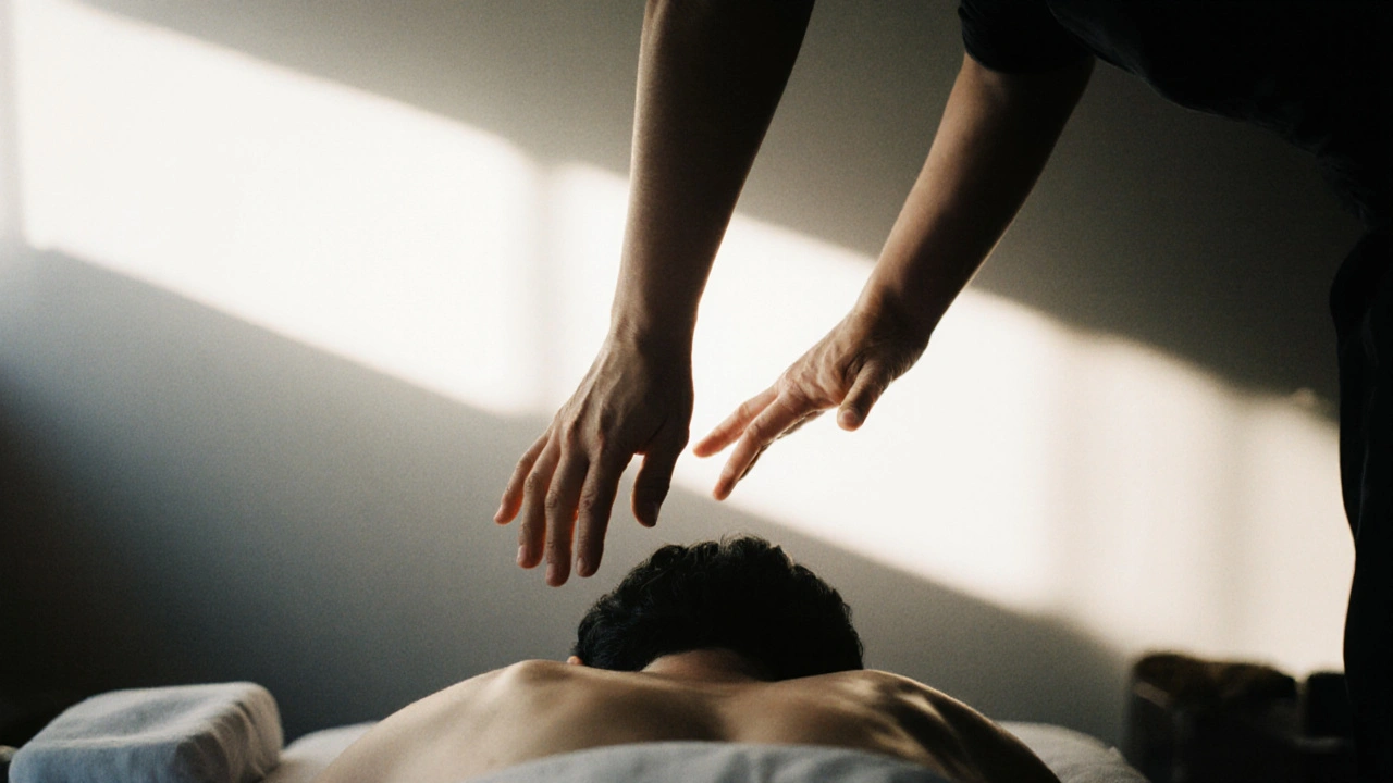 A person lying still on a massage table in a dark room with a single beam of light, emphasizing silence and presence.
