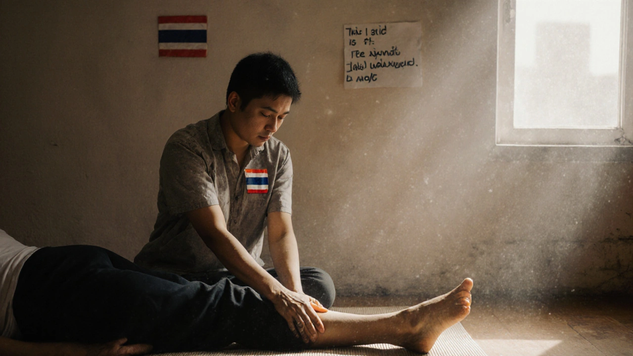 A refugee therapist giving authentic Thai massage to a client in a modest community space.