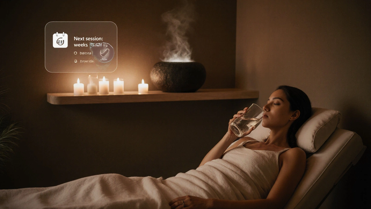 A relaxed client lies on a massage table with candles, steam, and a water bottle nearby.