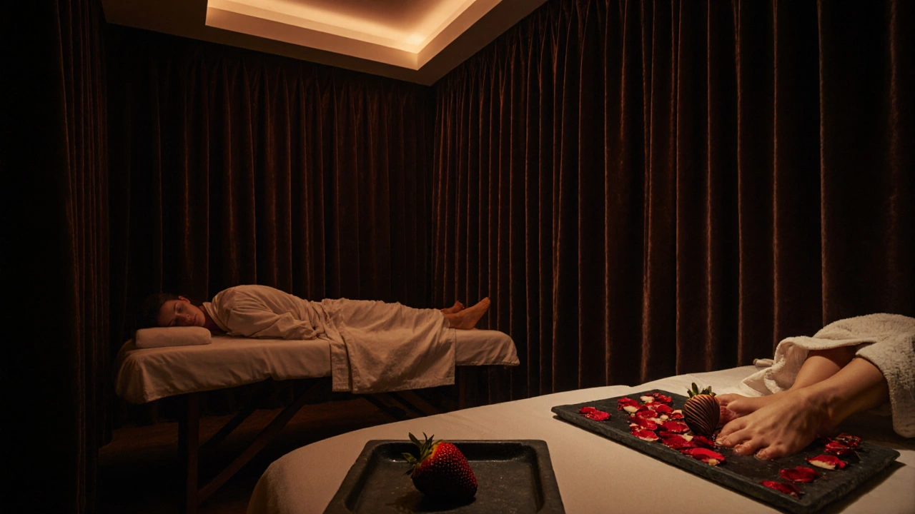 A stylish couples massage room in Soho with shared foot soak and chocolate treat, dim ambient lighting.