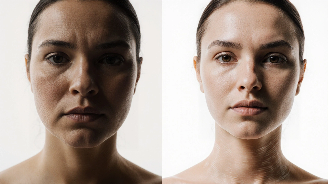 Before-and-after visual of facial puffiness fading after lymphatic massage, showing natural skin transformation.