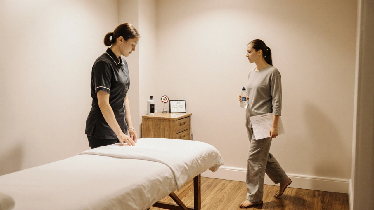 Clean London massage studio with fresh sheets, sanitizer, and a client arriving early.