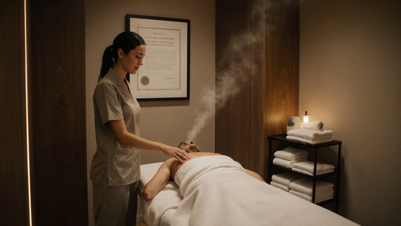 Clean, warmly lit massage room with therapist and client preparing for a session.