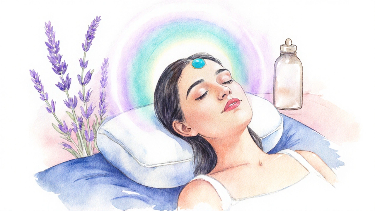 Client sits peacefully after massage with a subtle glowing aura.