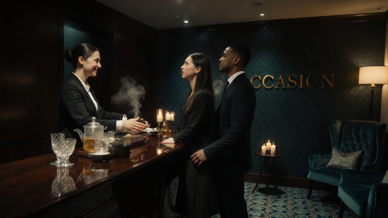 Couple checking in at a spa lounge with tea and warm lighting.