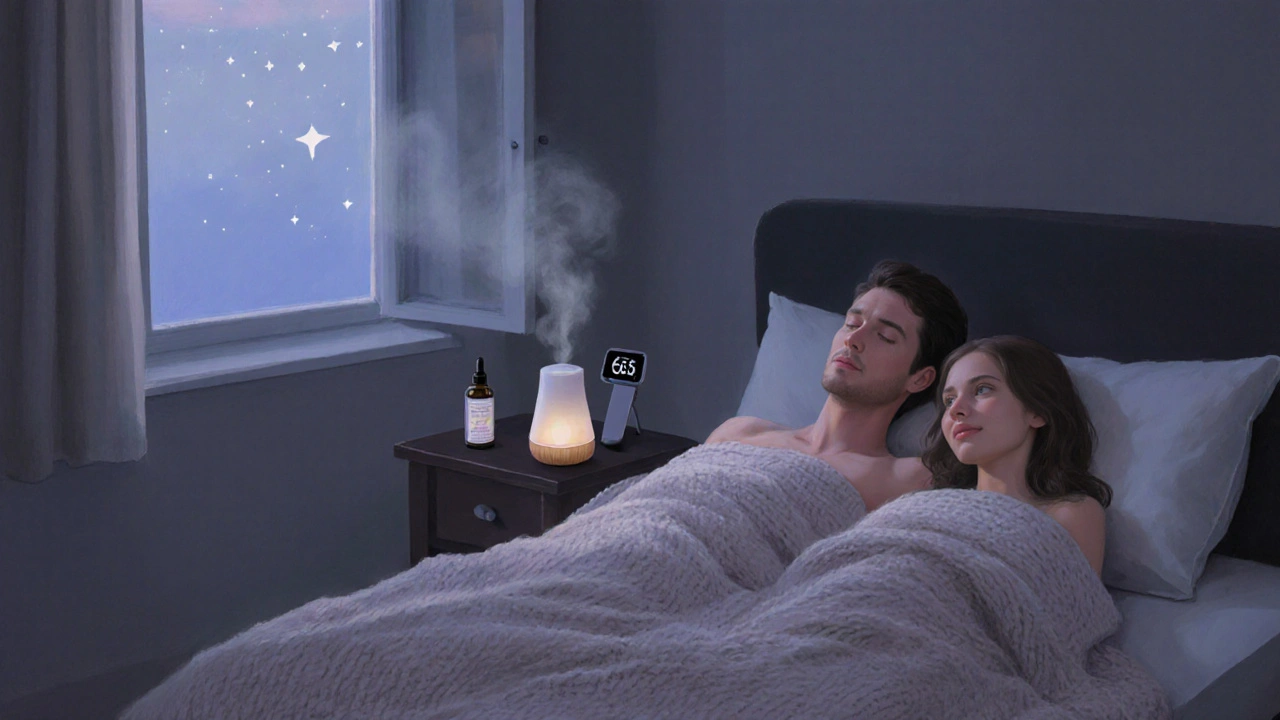 Couple wrapped in a blanket on a mattress after a massage, with low heart‑rate monitor and lavender diffuser.