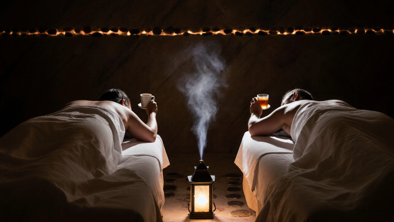 Couples lying side by side on massage tables, wrapped in sheets, sharing a calm, misty atmosphere.