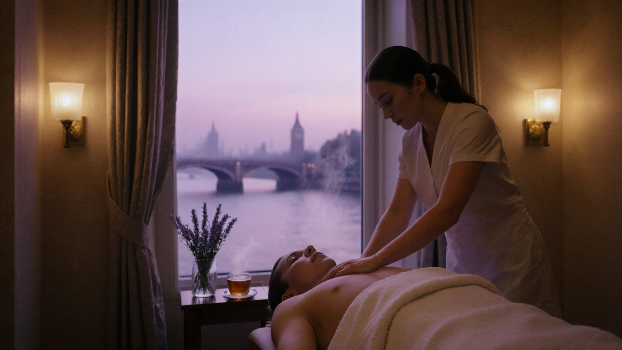 Cozy spa room with therapist giving a Swedish massage, soft lighting and tea service.
