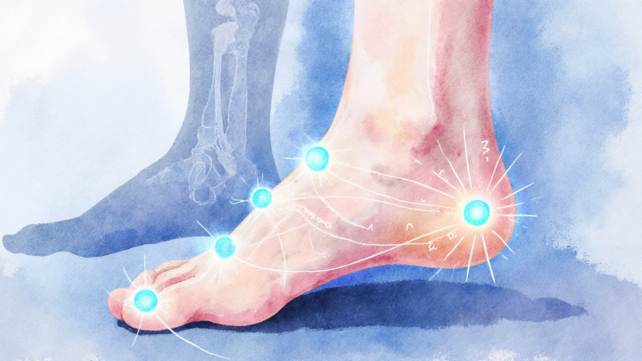 Foot illustration showing glowing reflexology points with lines connecting to a faint body silhouette.