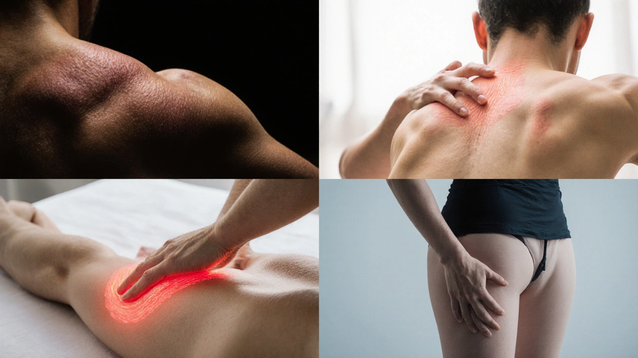 Four quadrants showing different massage techniques being performed.