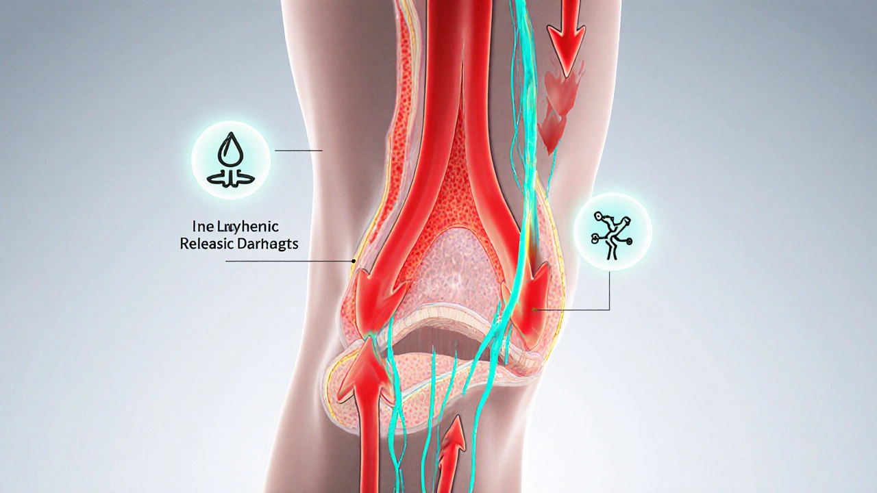 Illustration of increased blood flow, lymphatic drainage, and chemical release in muscle tissue.