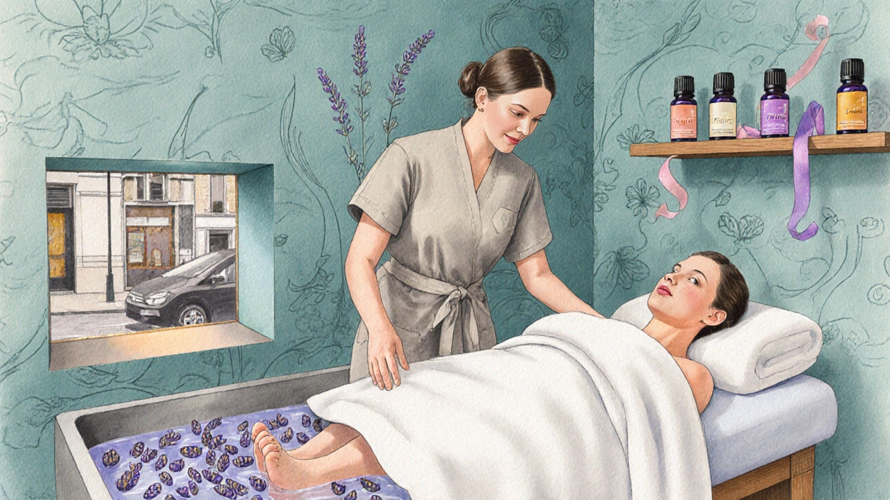 Inside a teal‑lit spa, a therapist prepares a foot soak while a client relaxes.