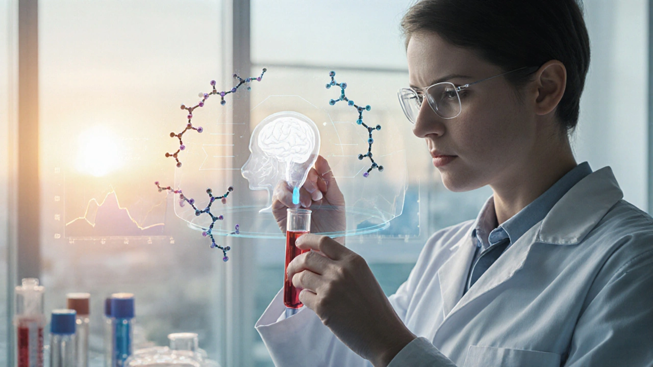 Lab scene with scientist seeing lower cortisol and floating serotonin and endorphin molecules around a calm head silhouette.