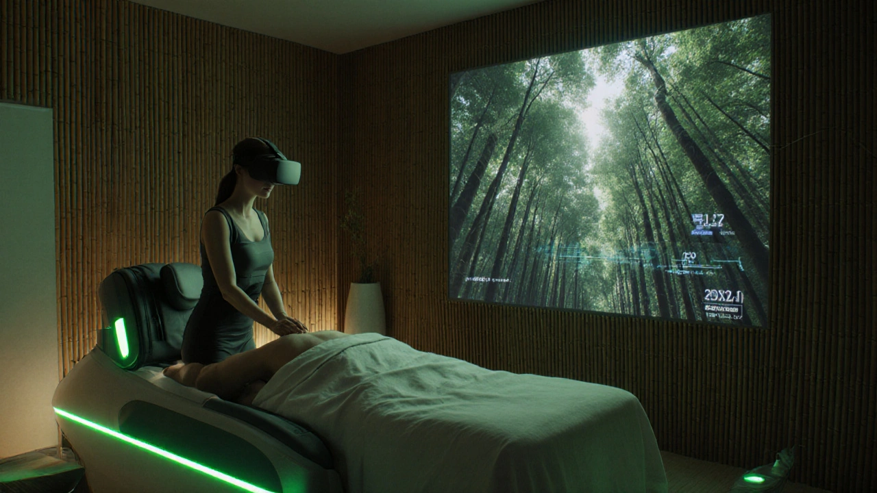Modern eco‑spa with a therapist using biofeedback sensors on a client in a VR forest setting.