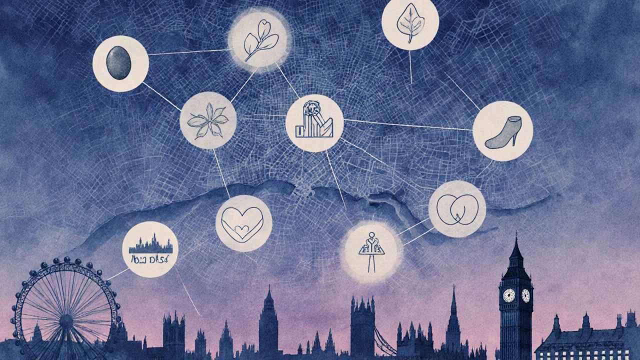 Pastel map of London with icons marking top ten massage locations and nearby landmarks.