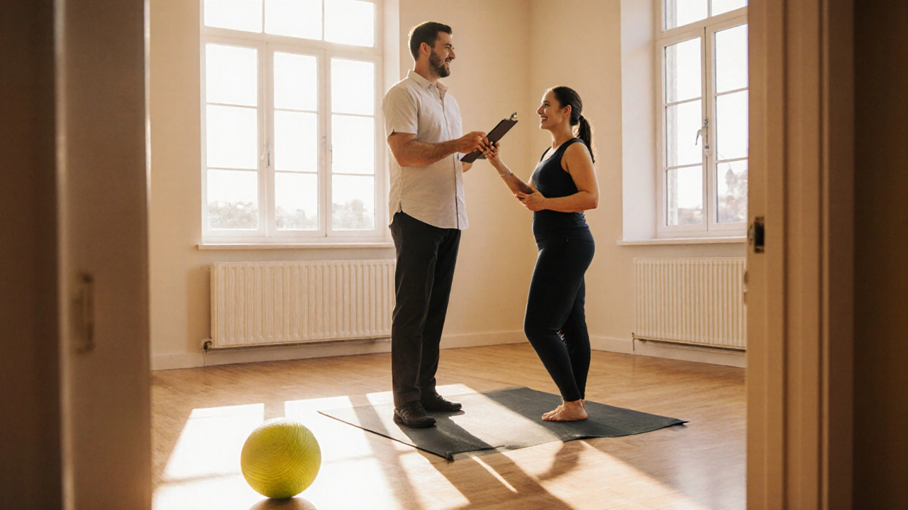 Patient stretching after massage while therapist discusses care plan.