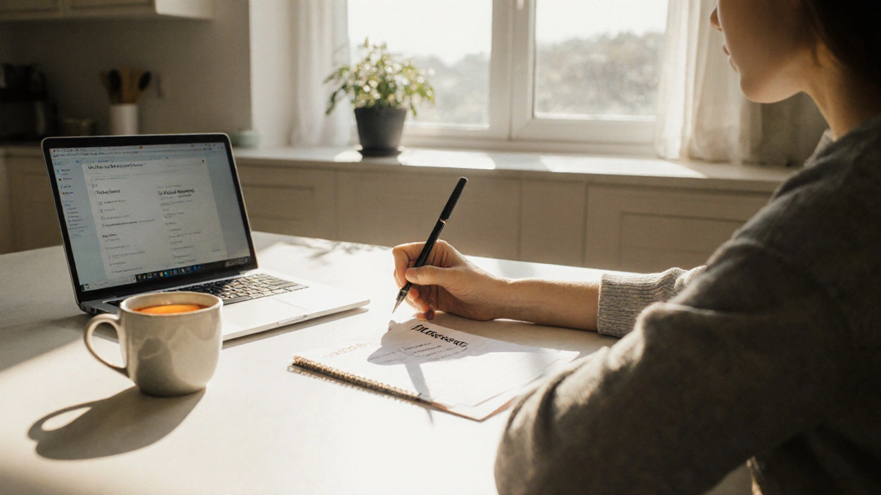 Person at a sunlit table reviewing a blurred checklist and laptop for booking.