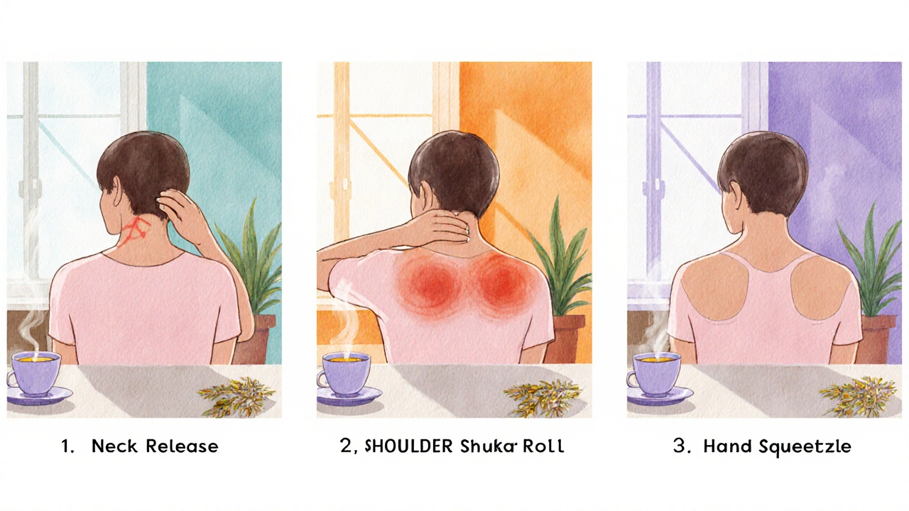 Person doing neck release, shoulder roll, and hand squeeze self‑massage at a sunny kitchen table.