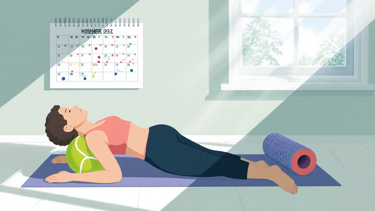 Person using a tennis ball and foam roller at home with a weekly schedule nearby.