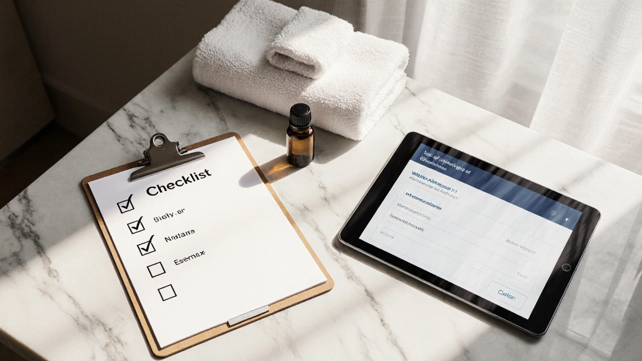 Prepared checklist with towel, oil bottle, and tablet ready for a massage booking.