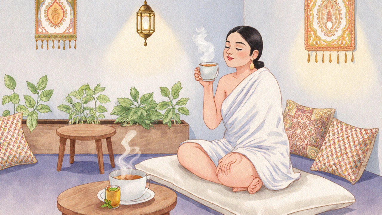 Relaxation lounge with a client sipping herbal tea surrounded by Indian décor.
