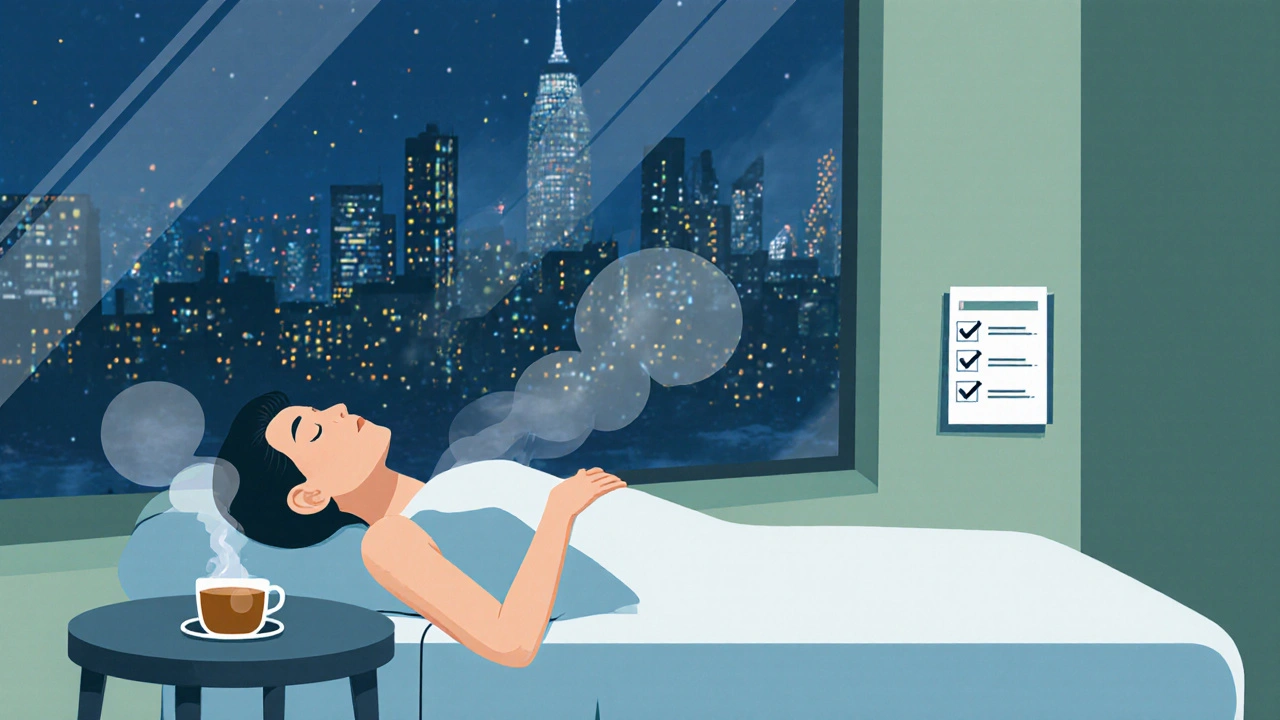 Relaxed client after a massage, sipping tea beside a checklist with London skyline view.