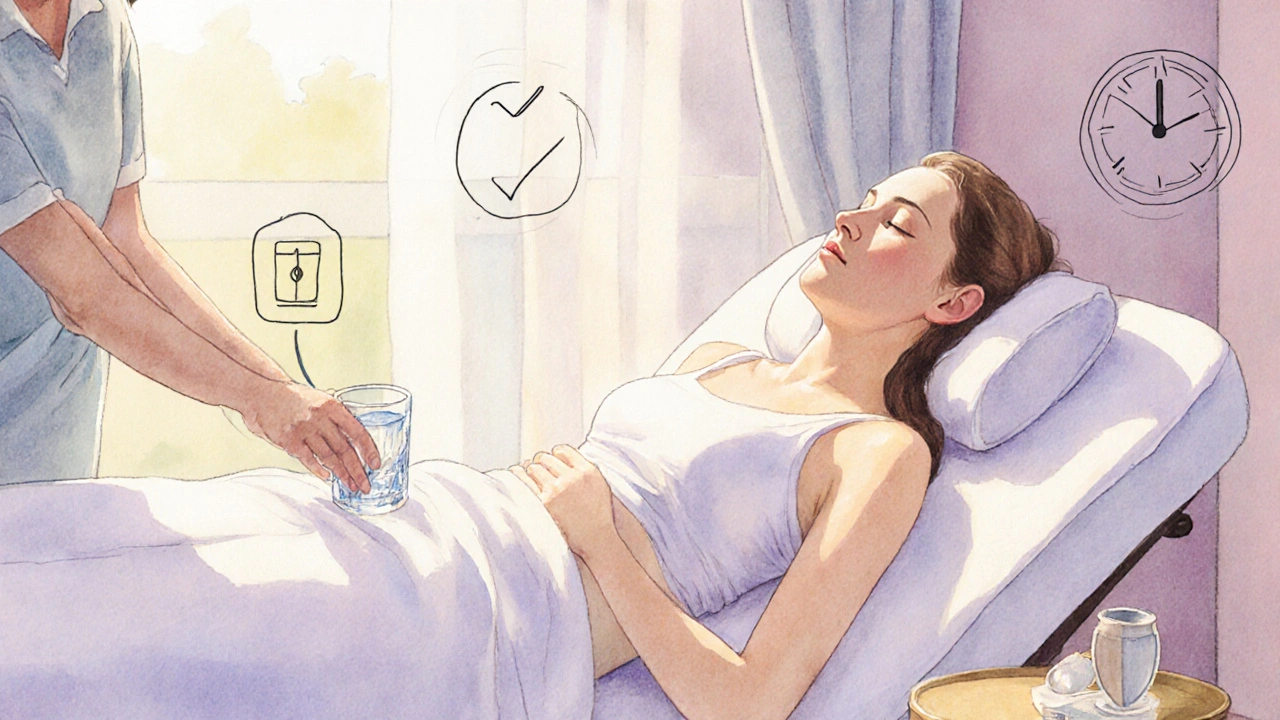 Relaxed client receiving water after a massage in a sunlit spa setting.