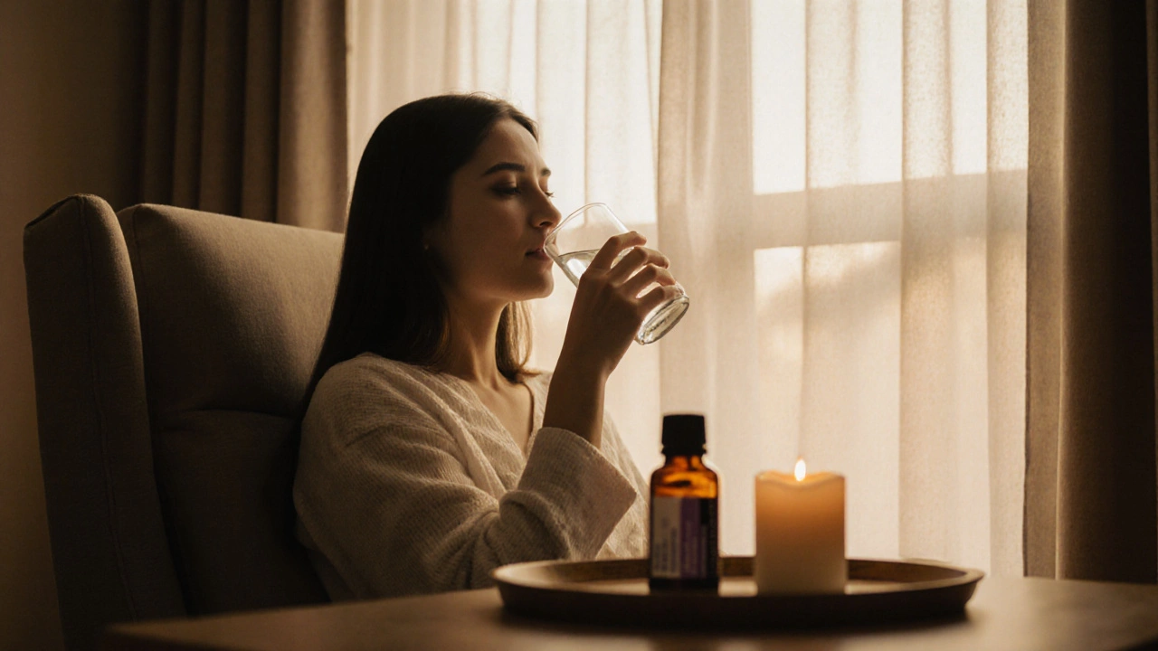 Relaxed client sipping water after massage, surrounded by essential‑oil bottles and soft lighting.