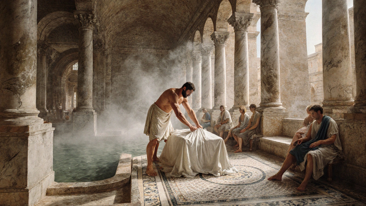 Roman bathhouse with a therapist using friction massage on a patron among marble columns.