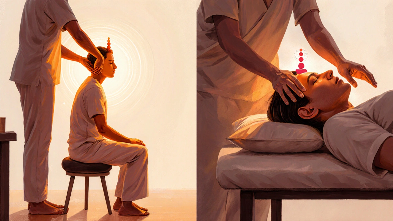 Side‑by‑side view of seated and lying Indian head massage positions.