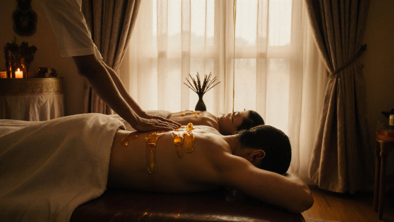 Spa interior showing therapist applying oil massage and Shirodhara oil stream.