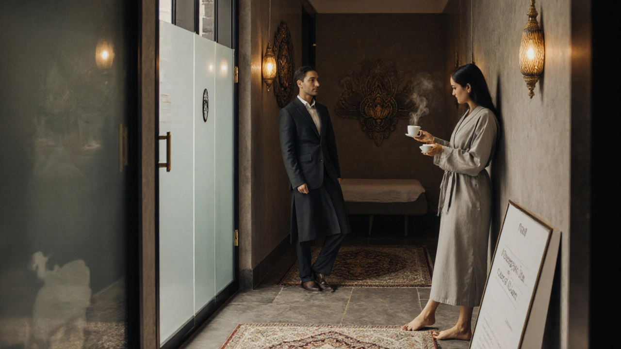 Stylish London spa corridor with therapist offering herbal tea.