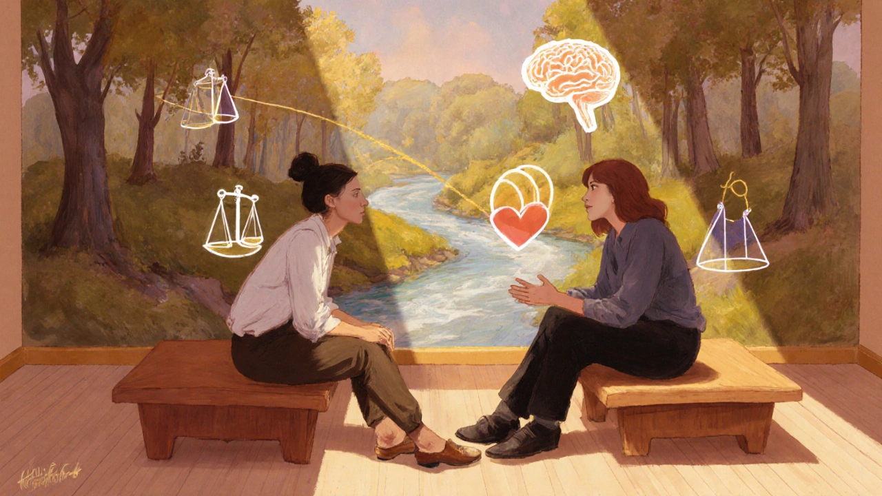 Therapist and client discussing in a warm room, with subtle symbols of brain, heart and balance linking mental health.