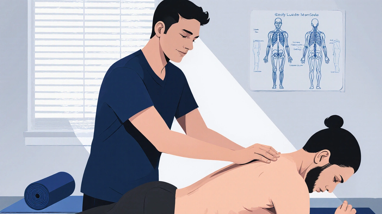 Therapist applying deep tissue pressure to a client's lower back in a focused, clinical setting.