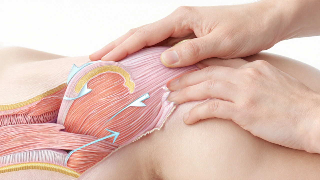 Therapist applying deep tissue pressure to a patient's arm, visualizing muscle layers.