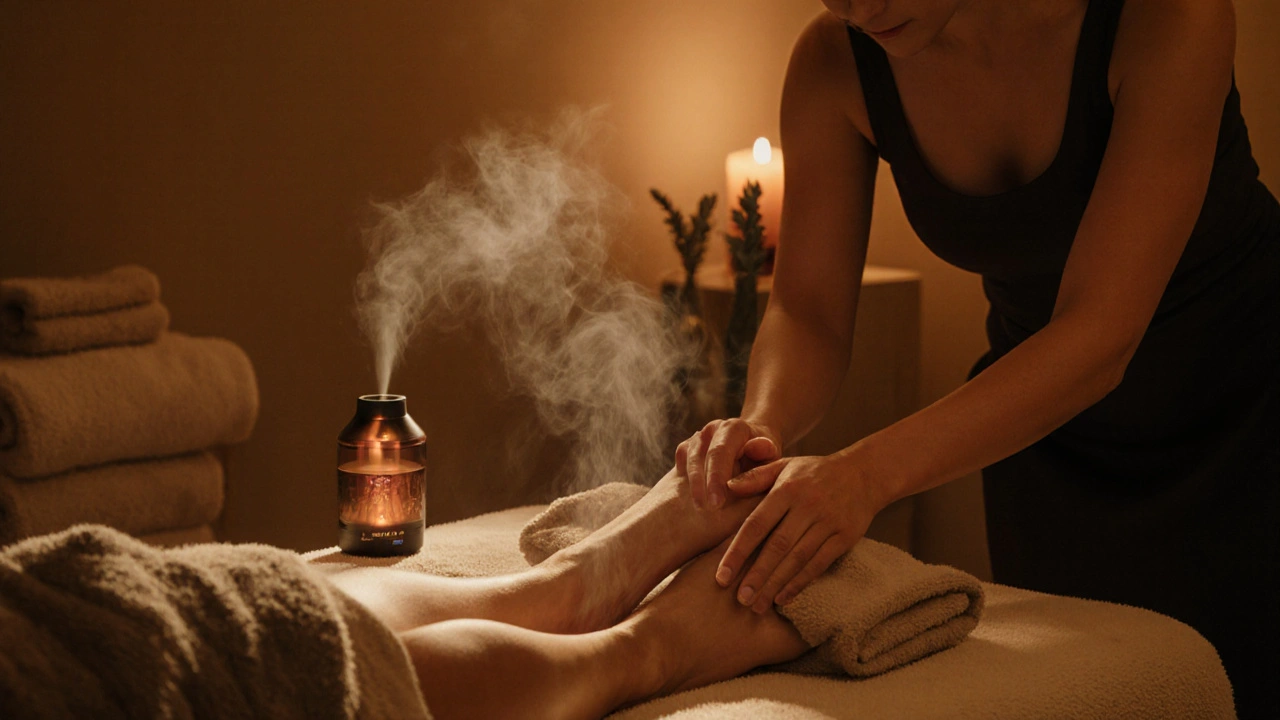 Therapist applying thumb pressure to a client's foot in a warm, relaxing spa setting.