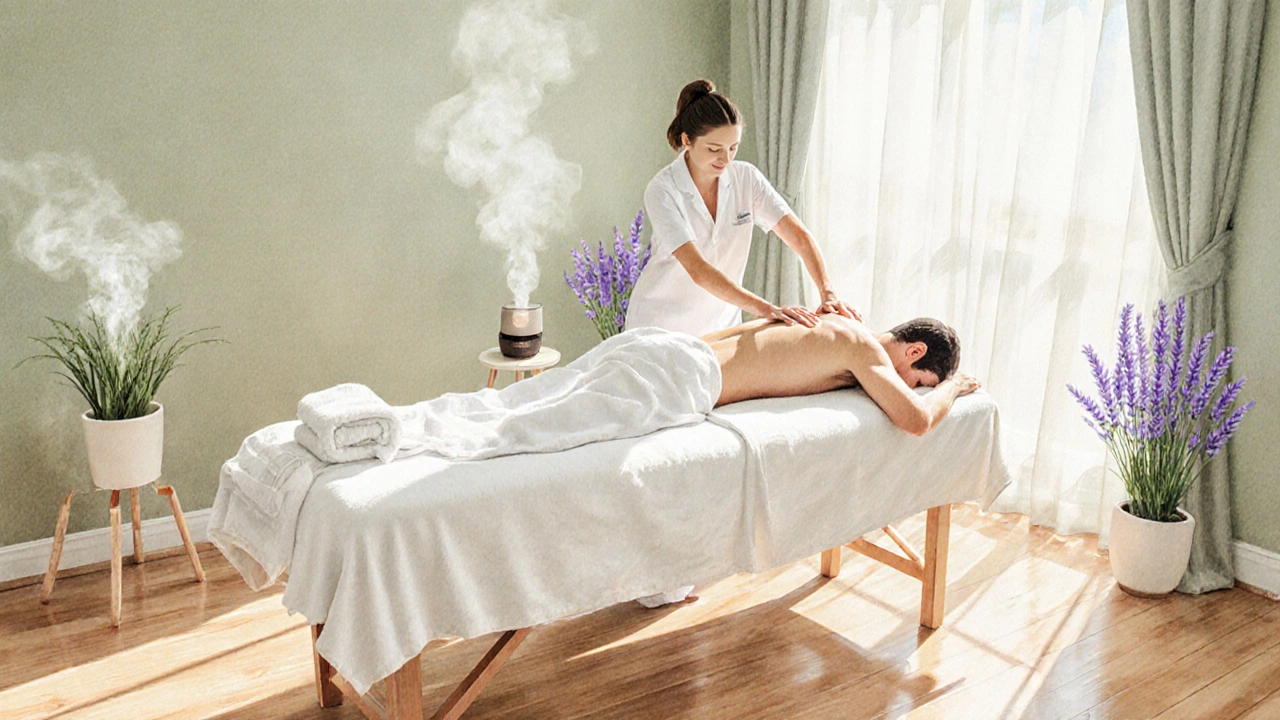 Therapist performing a Swedish massage on a client in a tranquil spa setting.