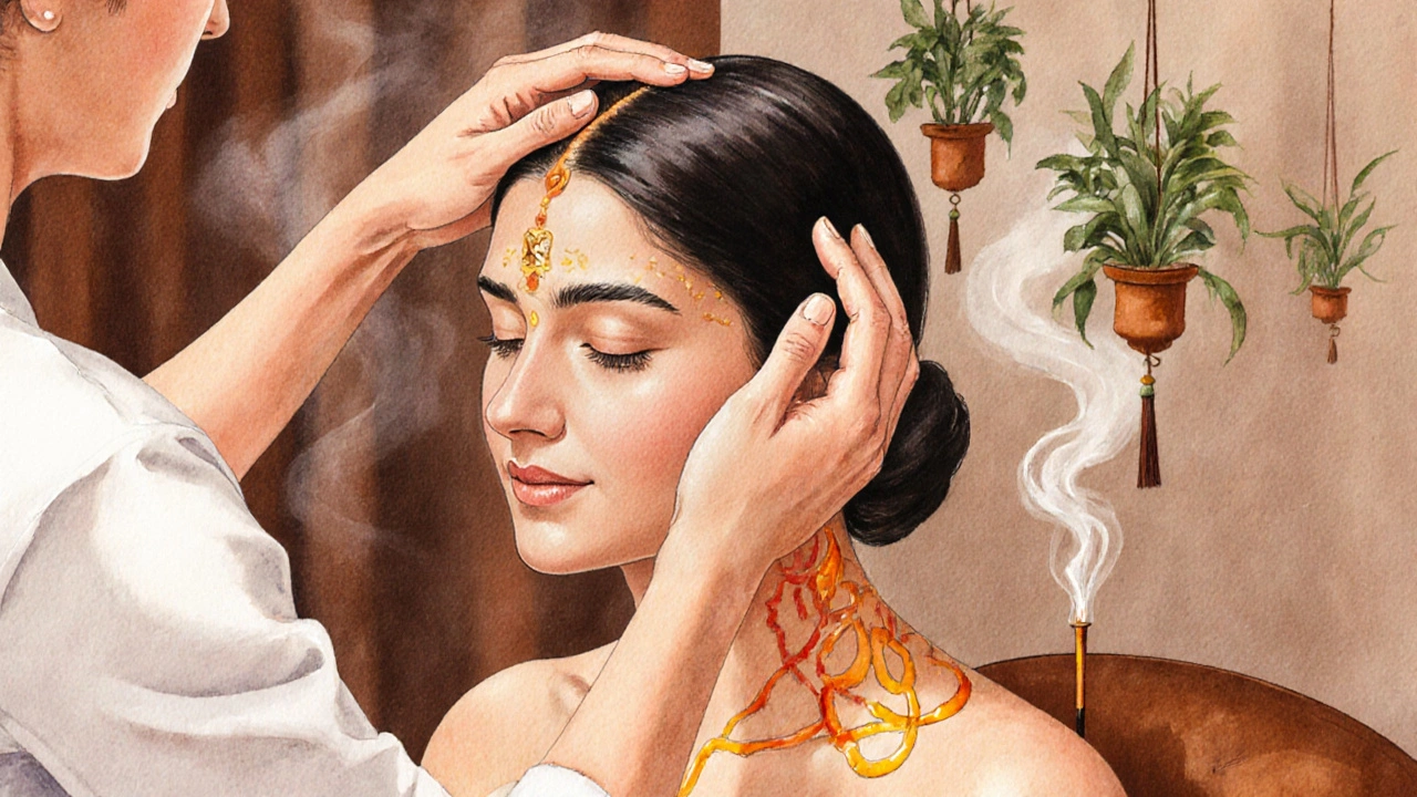 Traditional Indian head massage in a London salon, practitioner working on scalp and shoulders.