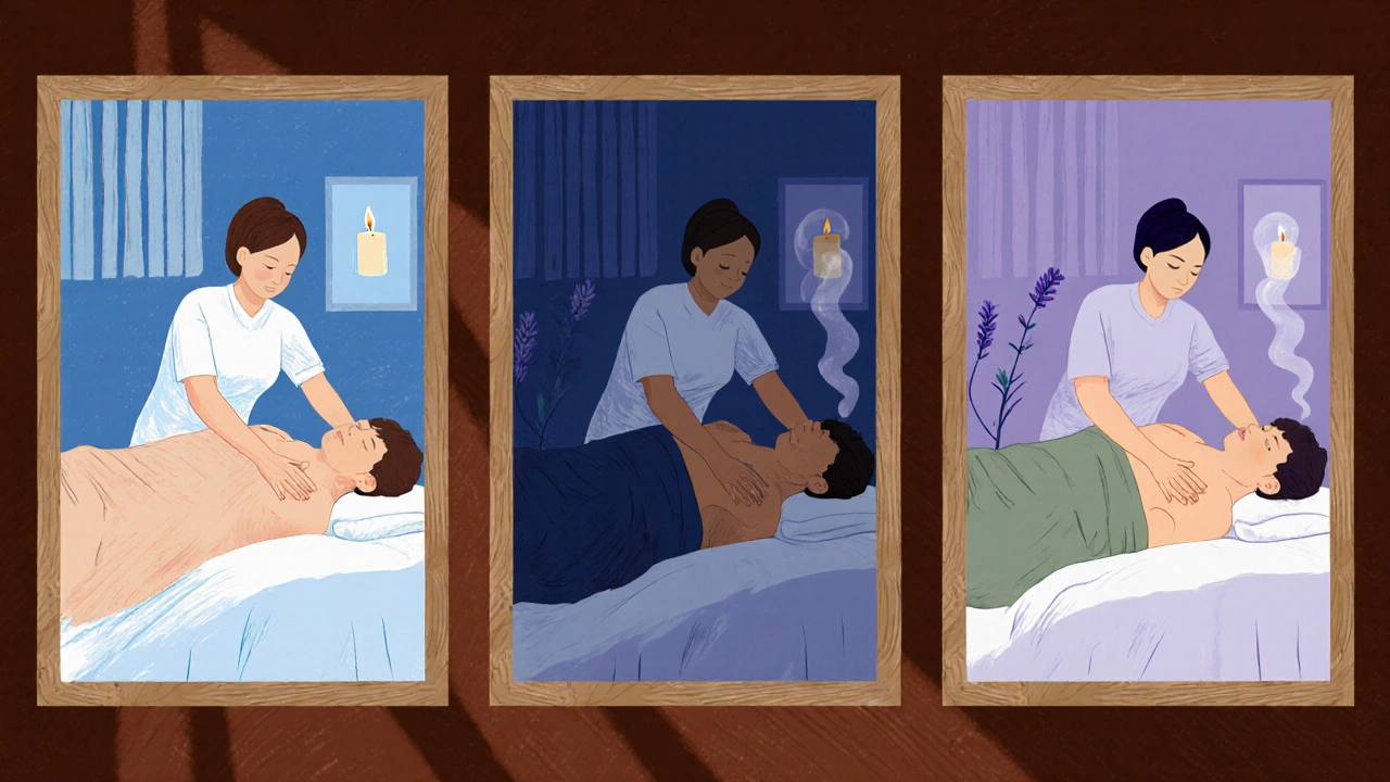 Triptych of Swedish, deep tissue, and aromatherapy massages in a calm therapy room.