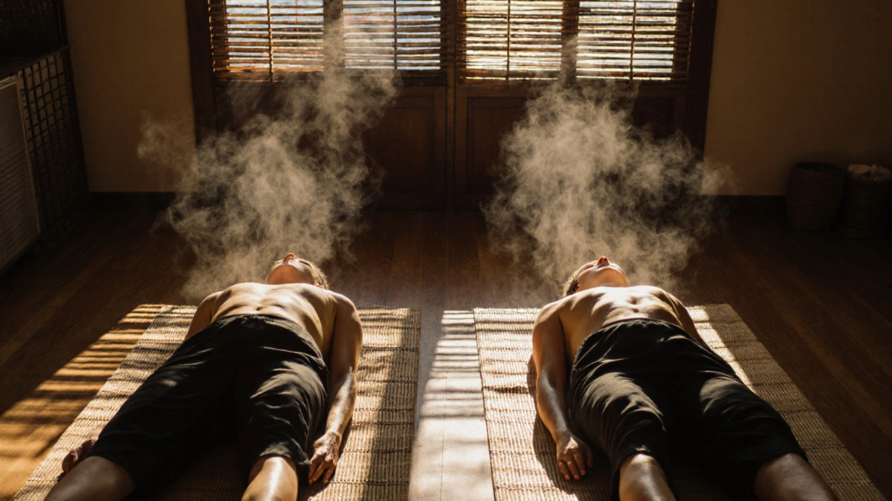 Two couples receiving synchronized Thai massage on side-by-side mats in a serene studio.
