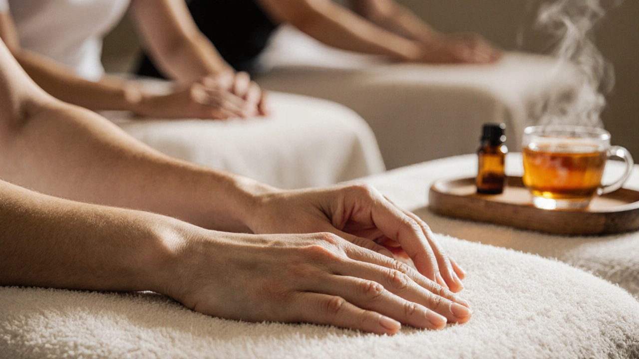 Two pairs of hands rest gently on a massage table, oil glistening, with essential oils and tea nearby.