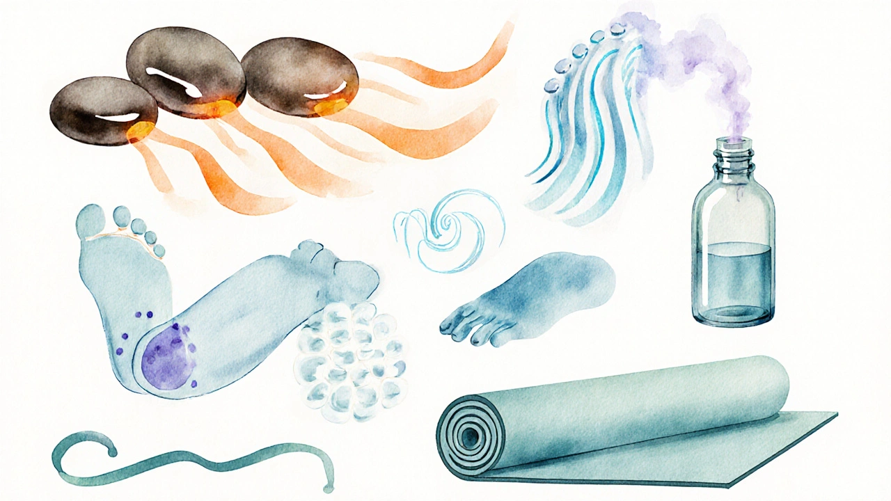 Watercolor collage of hot stones, essential oil mist, and symbols of massage types.