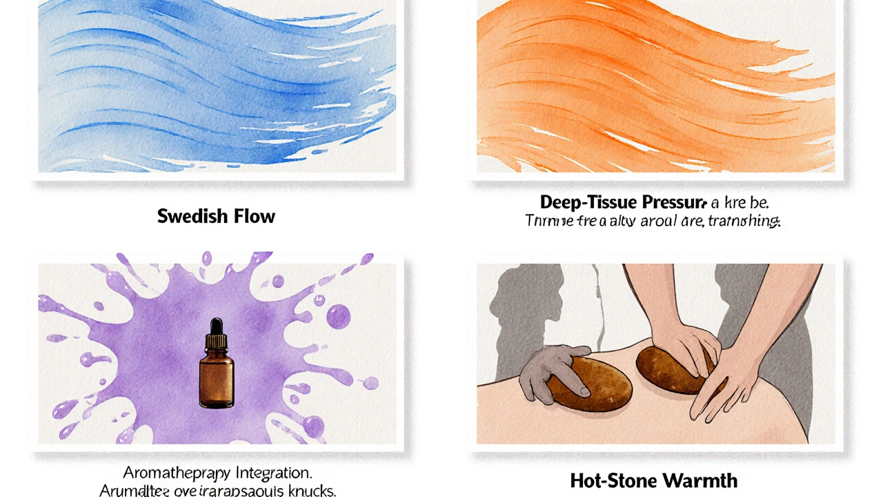 Watercolor collage showing Swedish flow, deep‑tissue pressure, aromatherapy, and hot‑stone techniques.