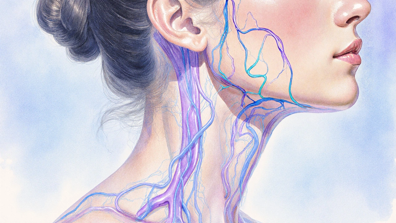 Watercolor illustration of invisible lymph fluid flowing beneath skin from face to collarbone, reducing facial puffiness.