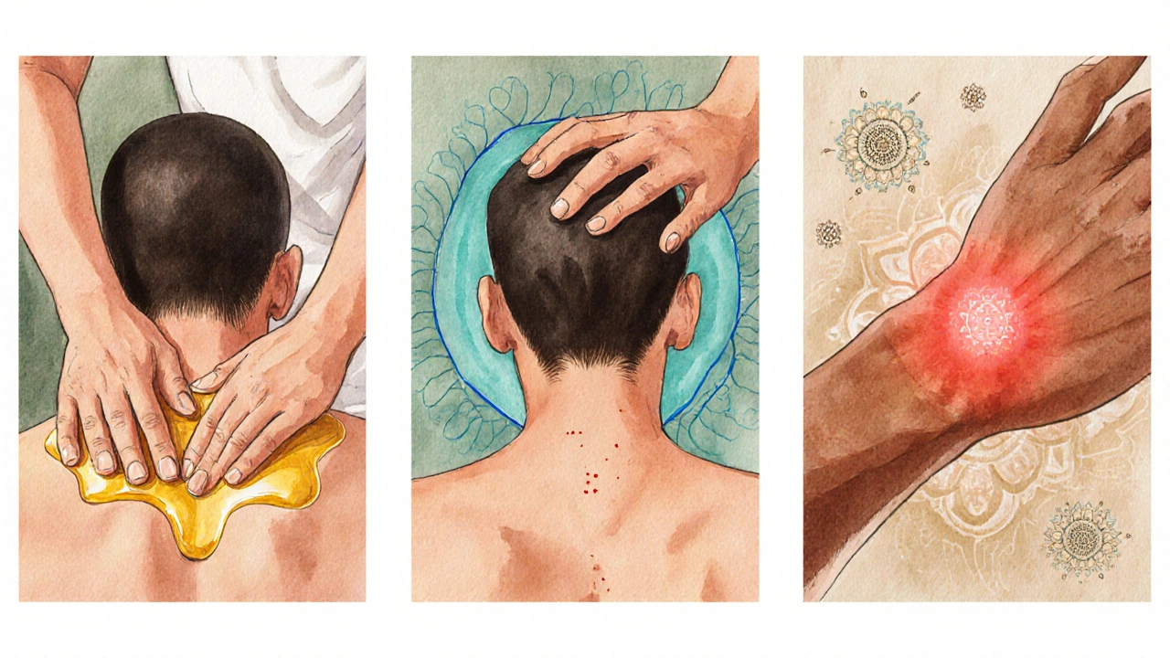 Watercolor triptych showing Abhyanga, head massage, and Marma points.