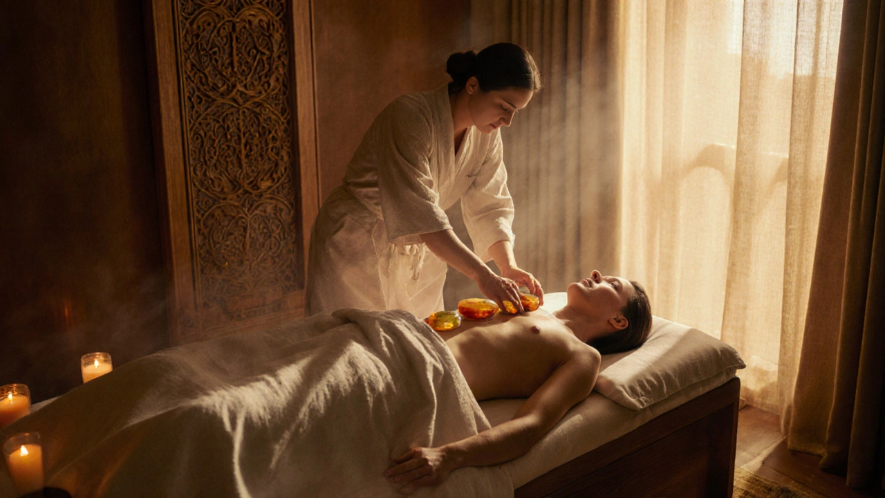 A client receiving a heated jade stone massage in a serene, candlelit room with wooden accents and soft ambient glow.