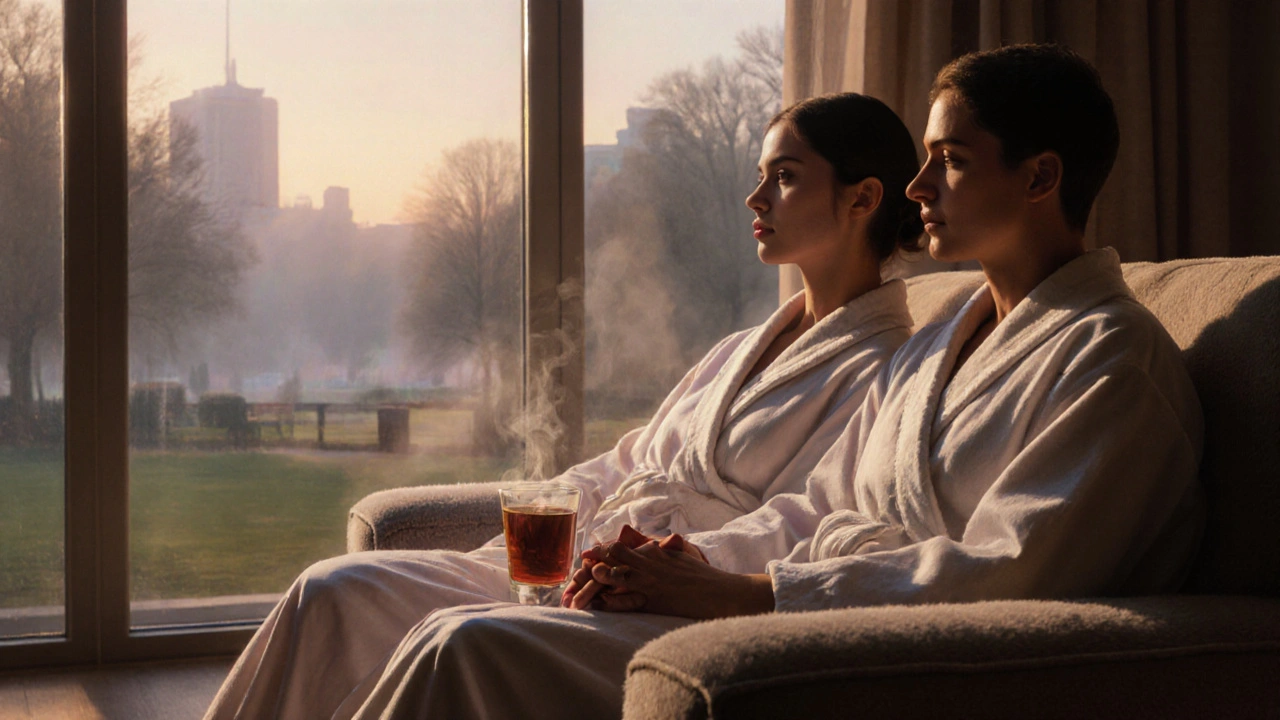 A couple holding hands in spa robes on a lounge, overlooking a misty London park at twilight, tea steaming beside them.